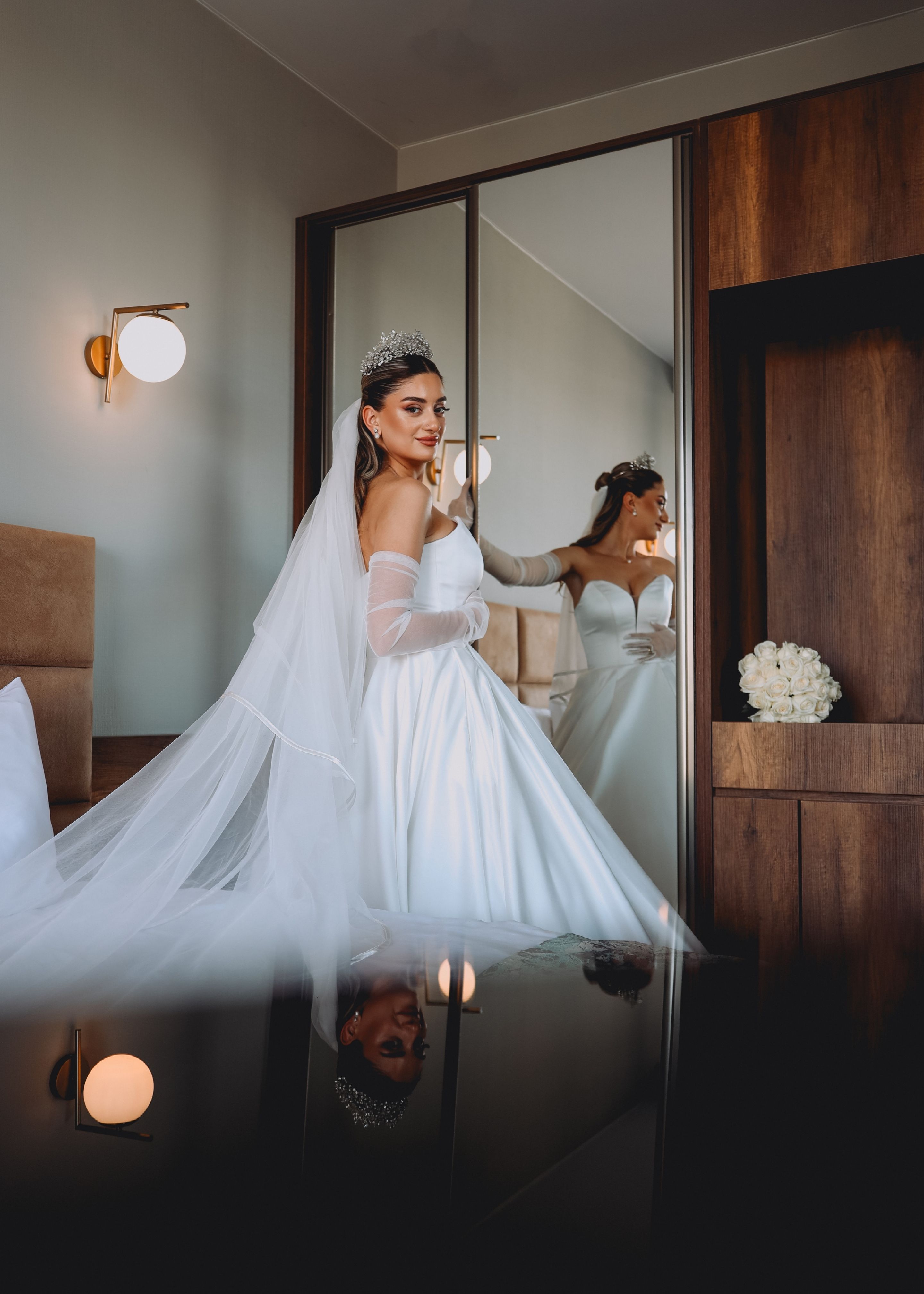 Elegant Bride Posing in White Wedding Dress Indoors · Free Stock Photo