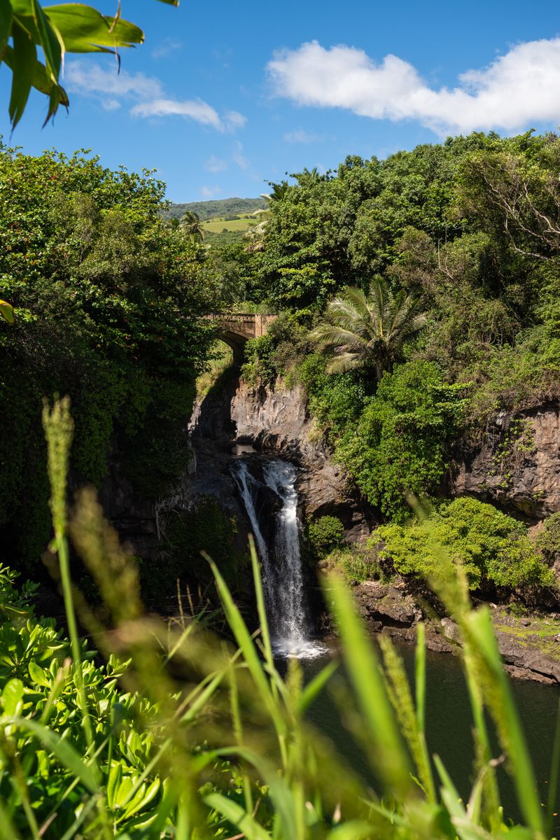 Serene waterfall surrounded by lush greenery in Maui