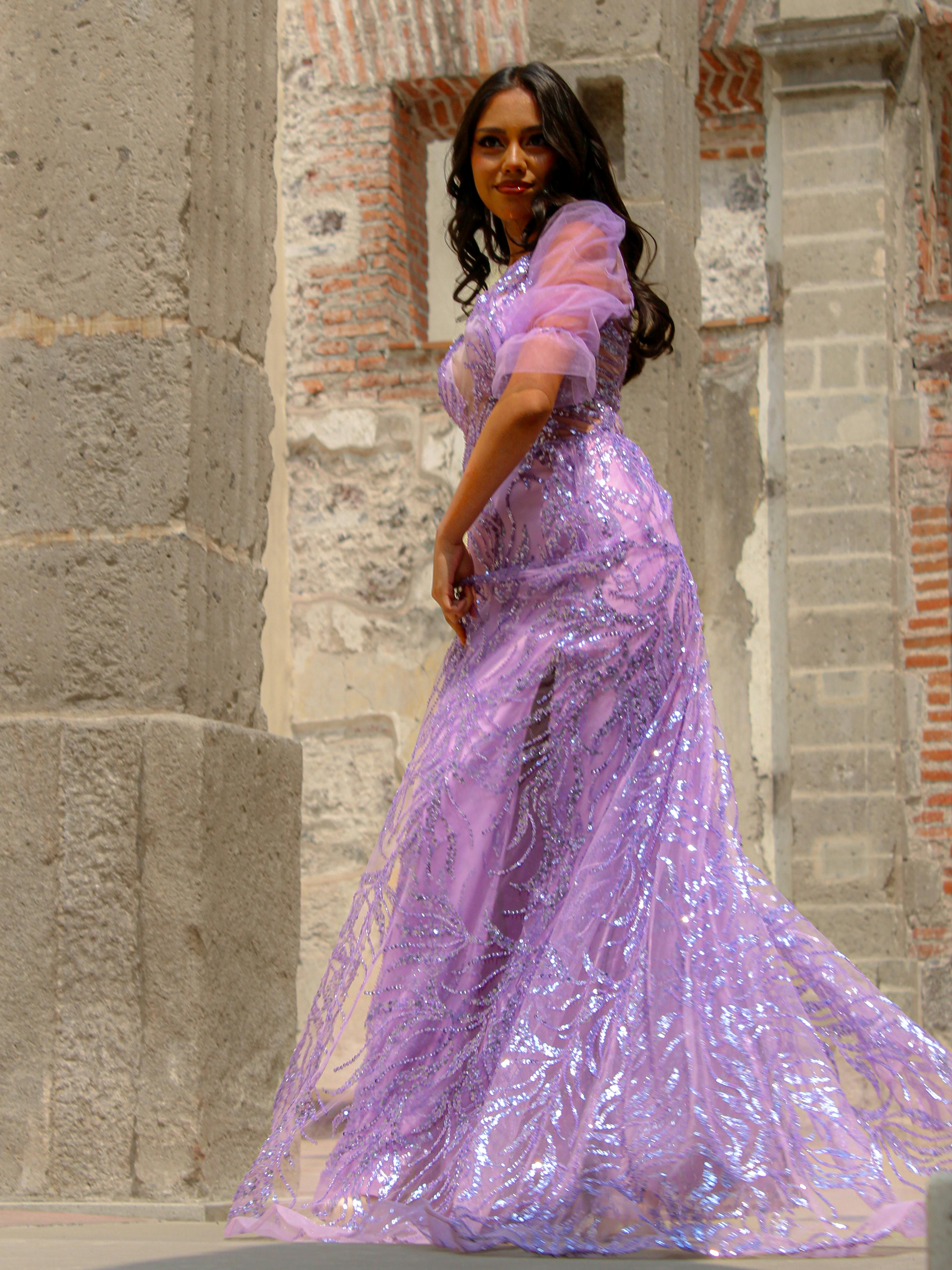 grátis Uma modelo posa com um deslumbrante vestido de noite roxo em meio à arquitetura histórica. Foto profissional
