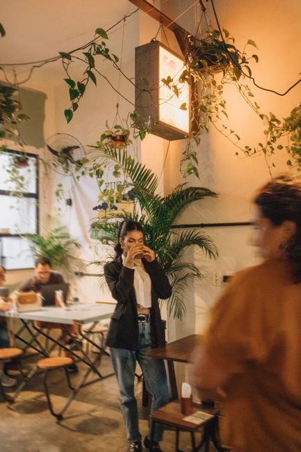 Warm and cozy cafe scene with people enjoying drinks and conversation surrounded by indoor plants.