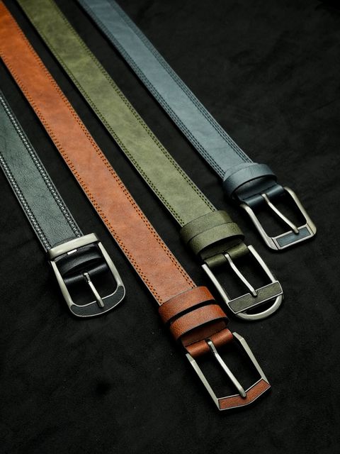 Leather belts in tan, olive and grey