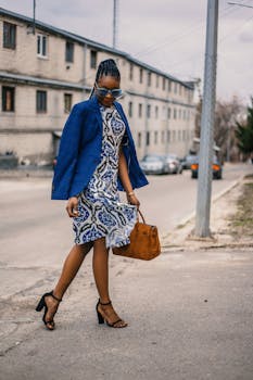 一位身着蓝色西装外套和连衣裙的时尚非洲妇女走在乌克兰的街道上