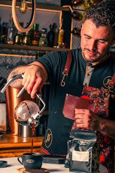 Barista brewing coffee using a siphon in a cozy cafe setting.