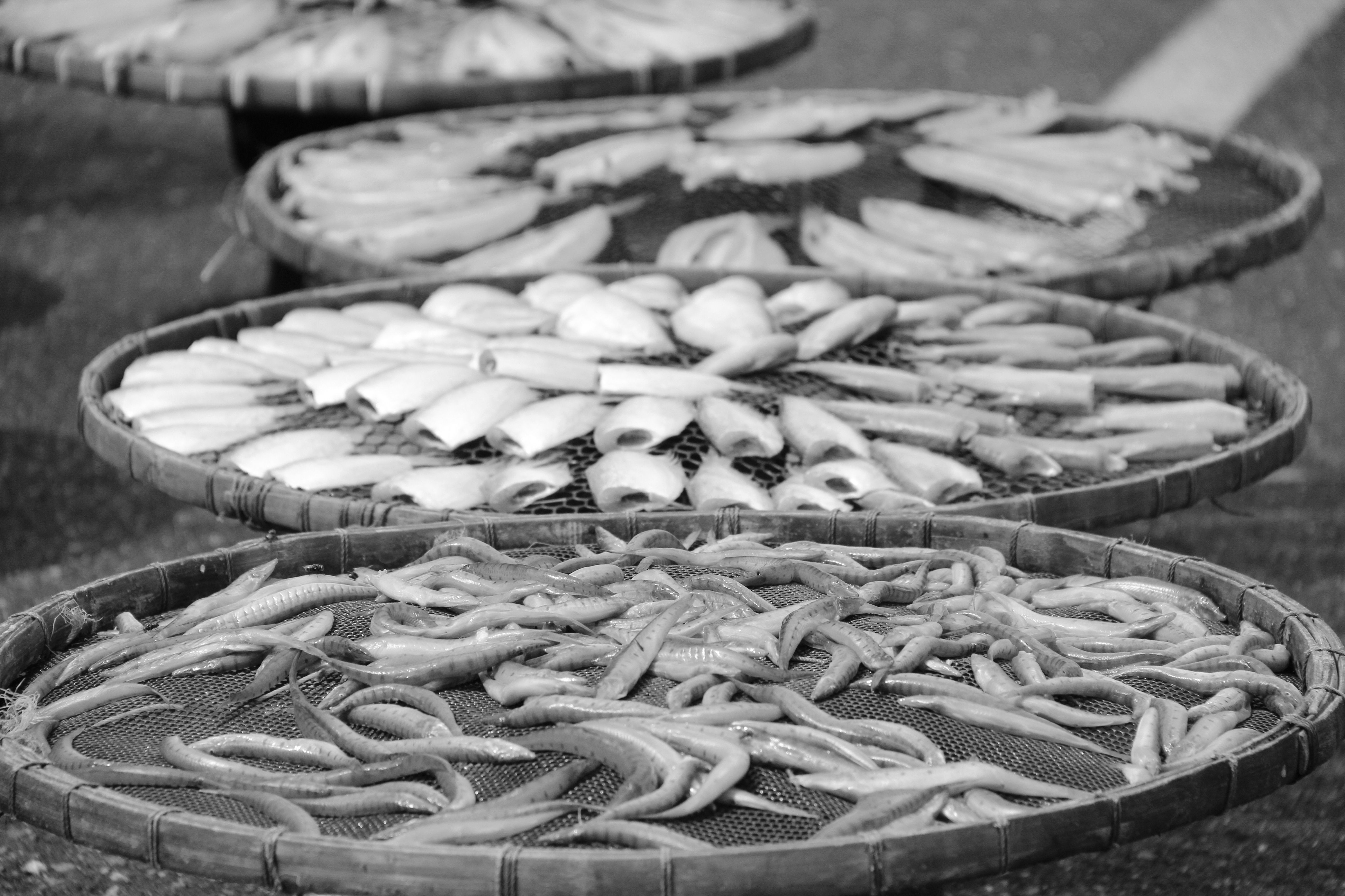 Dark-skinned Nigerian market trader man in a simple cotton shirt weighing stockfish on a rusty scale at a Lagos market stall, surrounded by dried fish, crayfish bags and palm oil containers, natural daylight, photorealistic