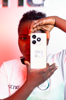 A woman holds a smartphone, framing her face with a modern pose.