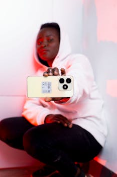 Close-up of a person holding a smartphone with a cool red and white light ambiance.