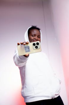 A person in a white hoodie holding a modern smartphone, focus on the device.