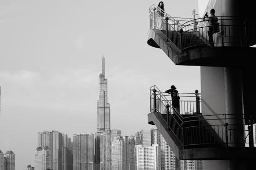Black and white cityscape with people on a spiral staircase, modern skyscrapers in background.