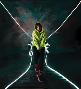 一位年轻女模特在工作室里摆姿势，她身穿霓虹绿色连帽衫，周围环绕着闪闪发光的抽象灯光