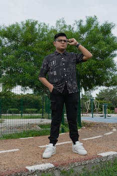 Man in casual attire standing confidently in Merida's lush park. Captured on a cloudy day.