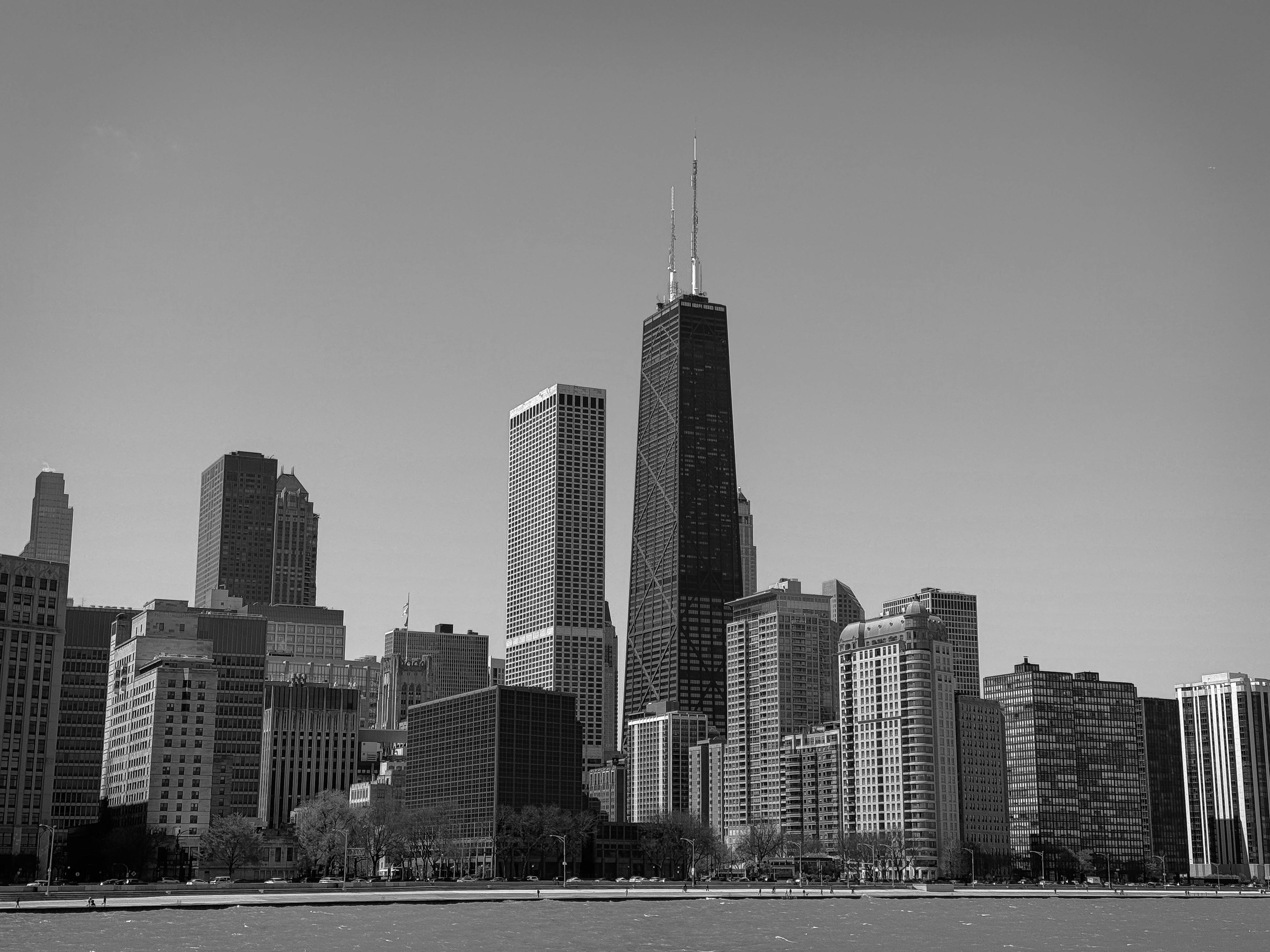 Stunning black and white view of Chicago's skyline featuring iconic skyscrapers on a clear day.