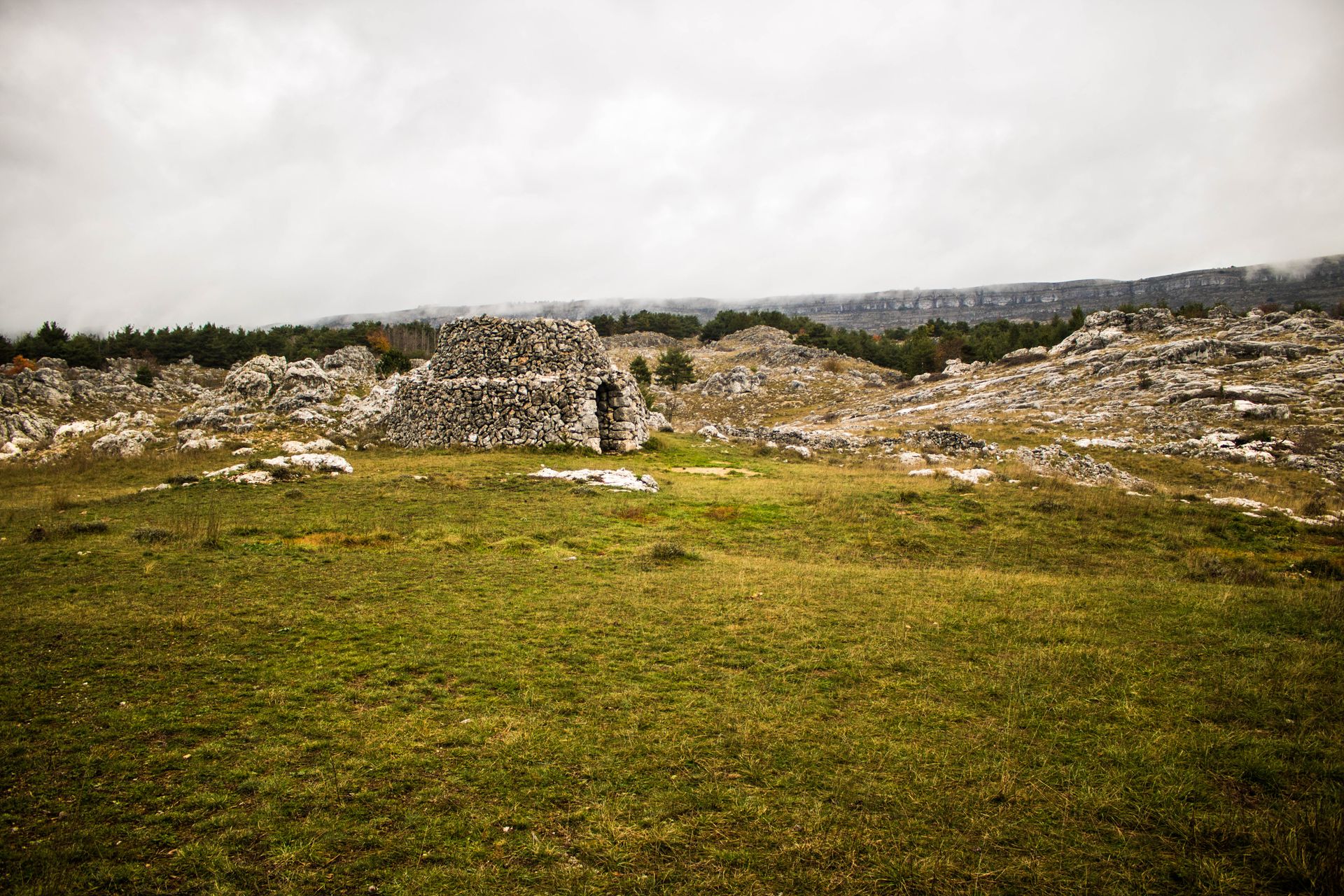 Ruinas antiguas de piedra bajo cielo gris cubierto.