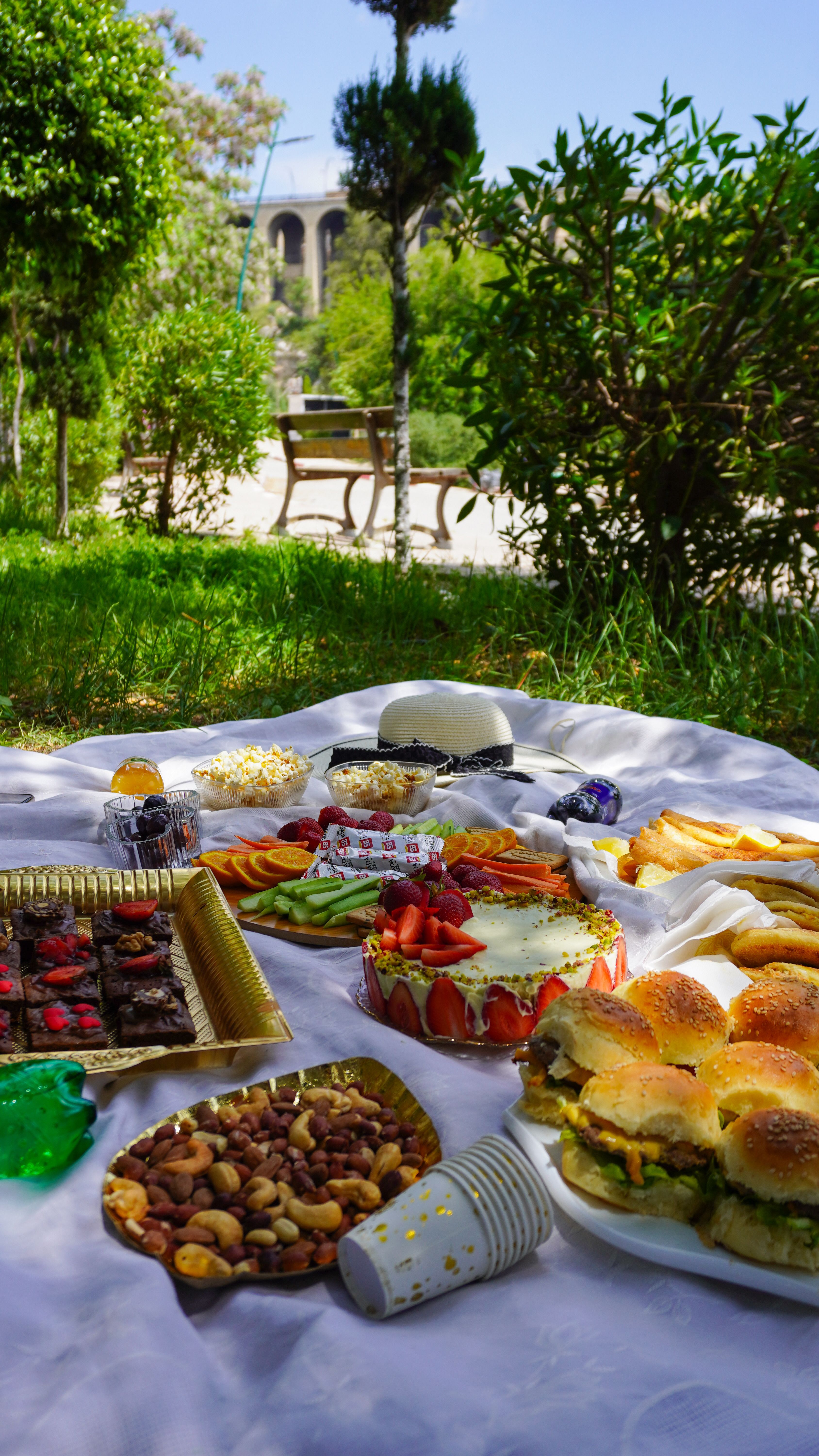 Delightful picnic setup with snacks and sweets in a sunny park setting.