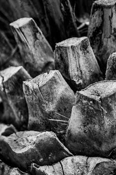 Detailed black and white image showcasing the texture and pattern of palm tree bark in Padua, Italy.