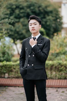 Confident young man in a formal suit stands outdoors with greenery.