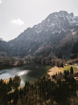 Breathtaking aerial view of a tranquil lake surrounded by forests and snow-capped mountains under clear skies.