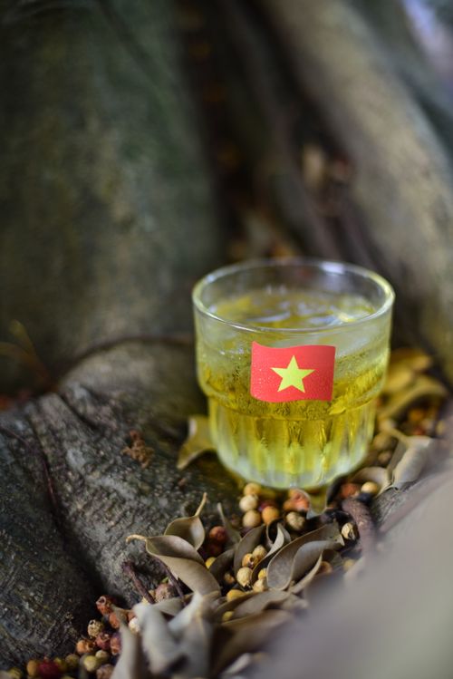 Free Glass of iced tea with the Vietnamese flag, set against a rustic tree backdrop, evoking a natural outdoor ambiance. Stock Photo