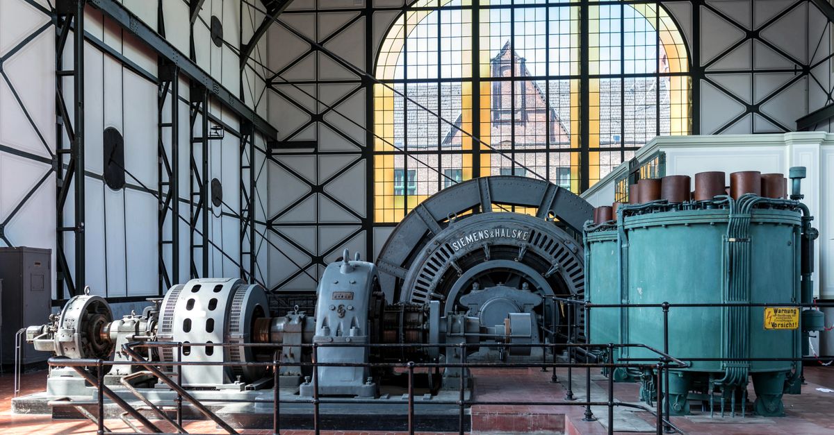 Interior view of the Siemens Halske generator at historic Zeche Zollern mine museum in Dortmund, Germany.
