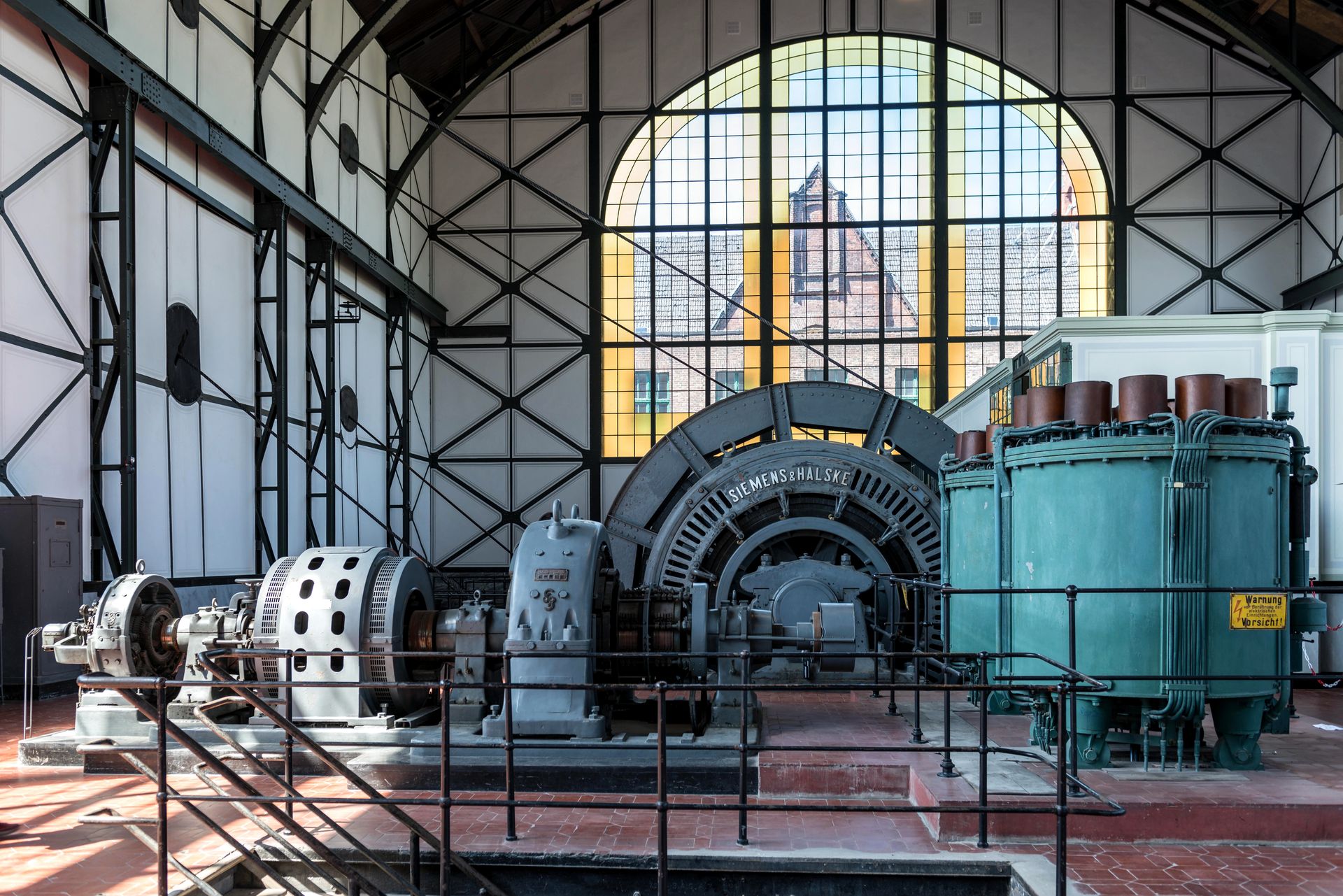 Interior view of the Siemens Halske generator at historic Zeche Zollern mine museum in Dortmund, Germany.