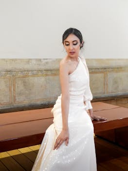 A woman in a one-shoulder white gown poses elegantly indoors, showcasing fashion and grace.