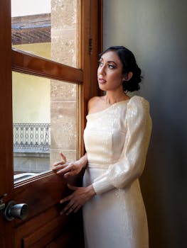 A fashionable woman in an elegant white dress stands by a sunlit doorway, exuding beauty and grace.