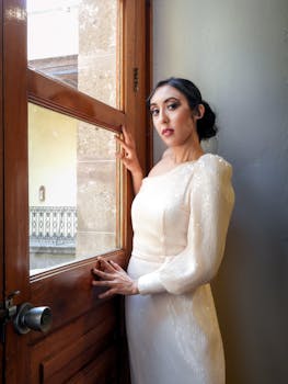 Elegant woman in a sequin dress gazing thoughtfully through a window.