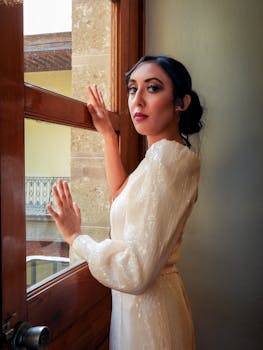 Elegant woman in a white dress posing by a sunlit window indoors. Fashion portrait.