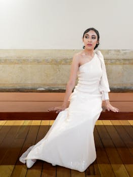 A stylish model in a white gown sits gracefully on a bench indoors, exuding elegance.