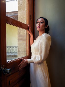 Elegant woman in a white dress posing indoors by a window with natural light.