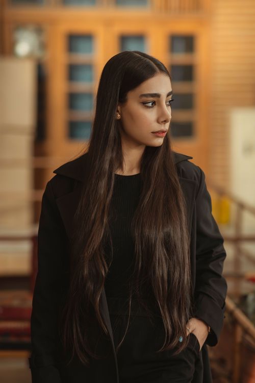 Free Stylish portrait of a woman with long hair in a sophisticated pose. Stock Photo