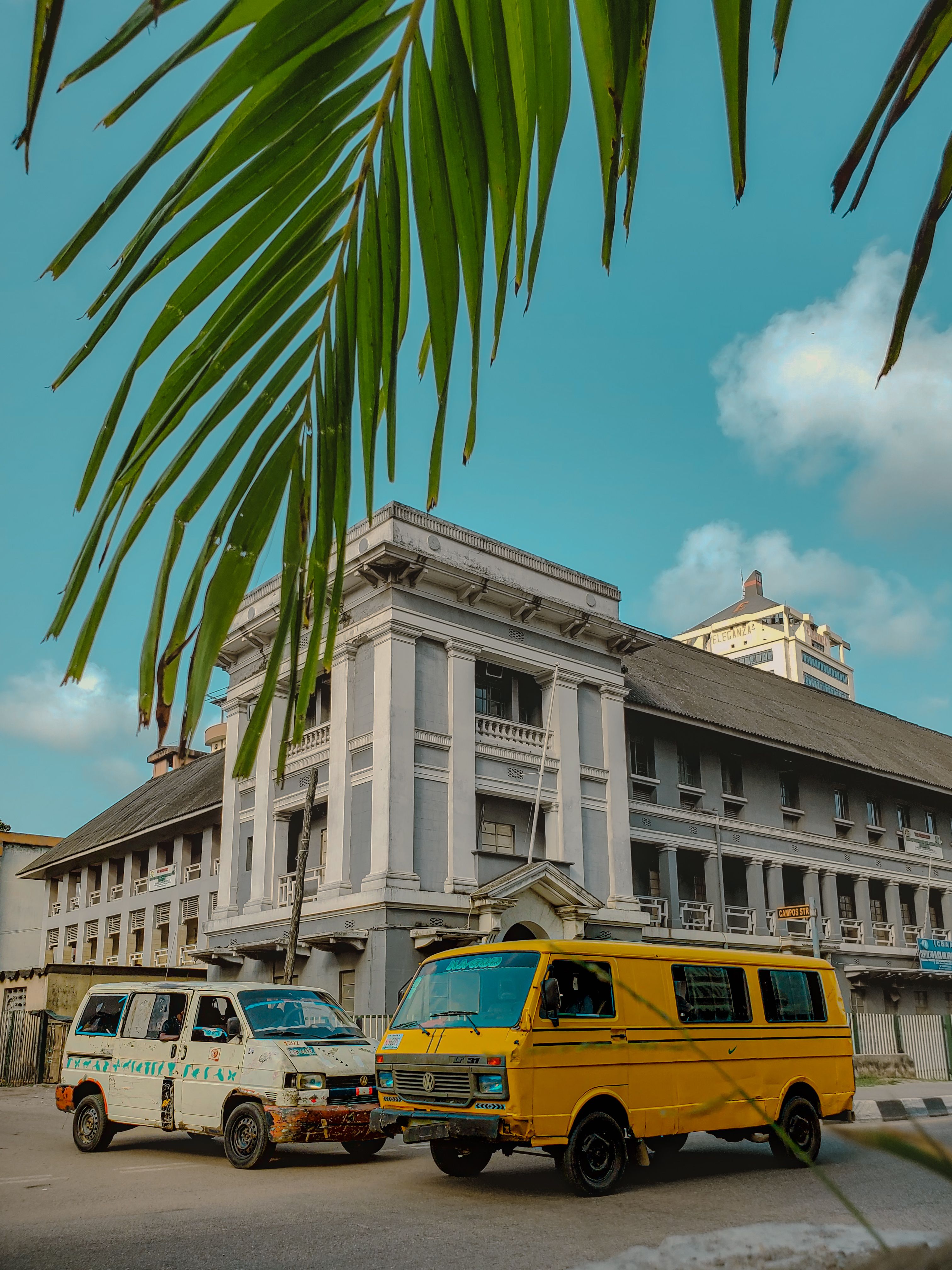 Elegant colonial-style building with colorful vans beneath tropical palm in sunny urban scene.