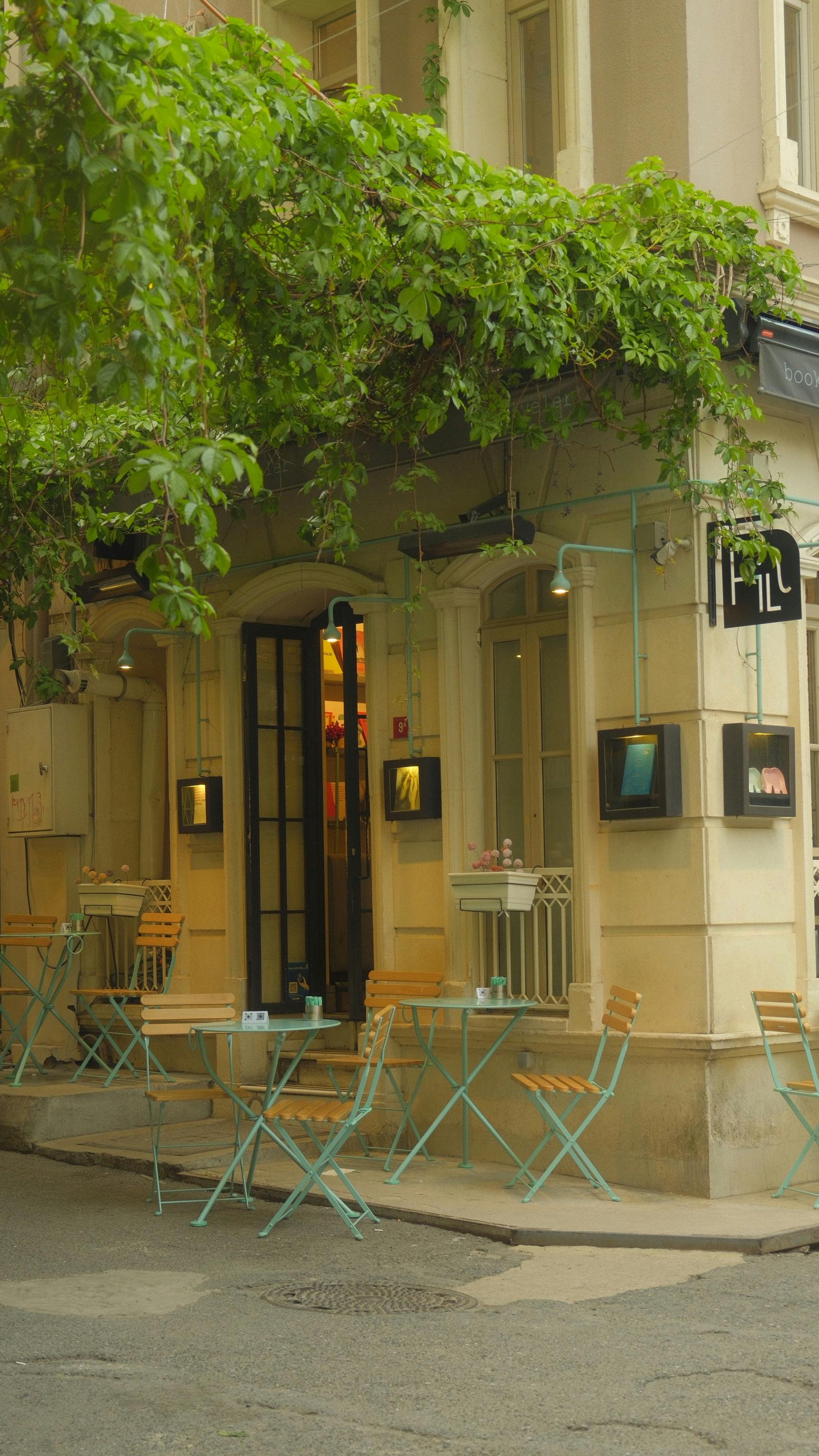 бесплатная Уютное кафе на открытом воздухе с зелеными виноградными лозами, красочными стульями и гостеприимной атмосферой. Стоковое фото