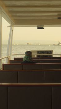 A solitary traveler seated on a ferry with an ocean view and distant ships.