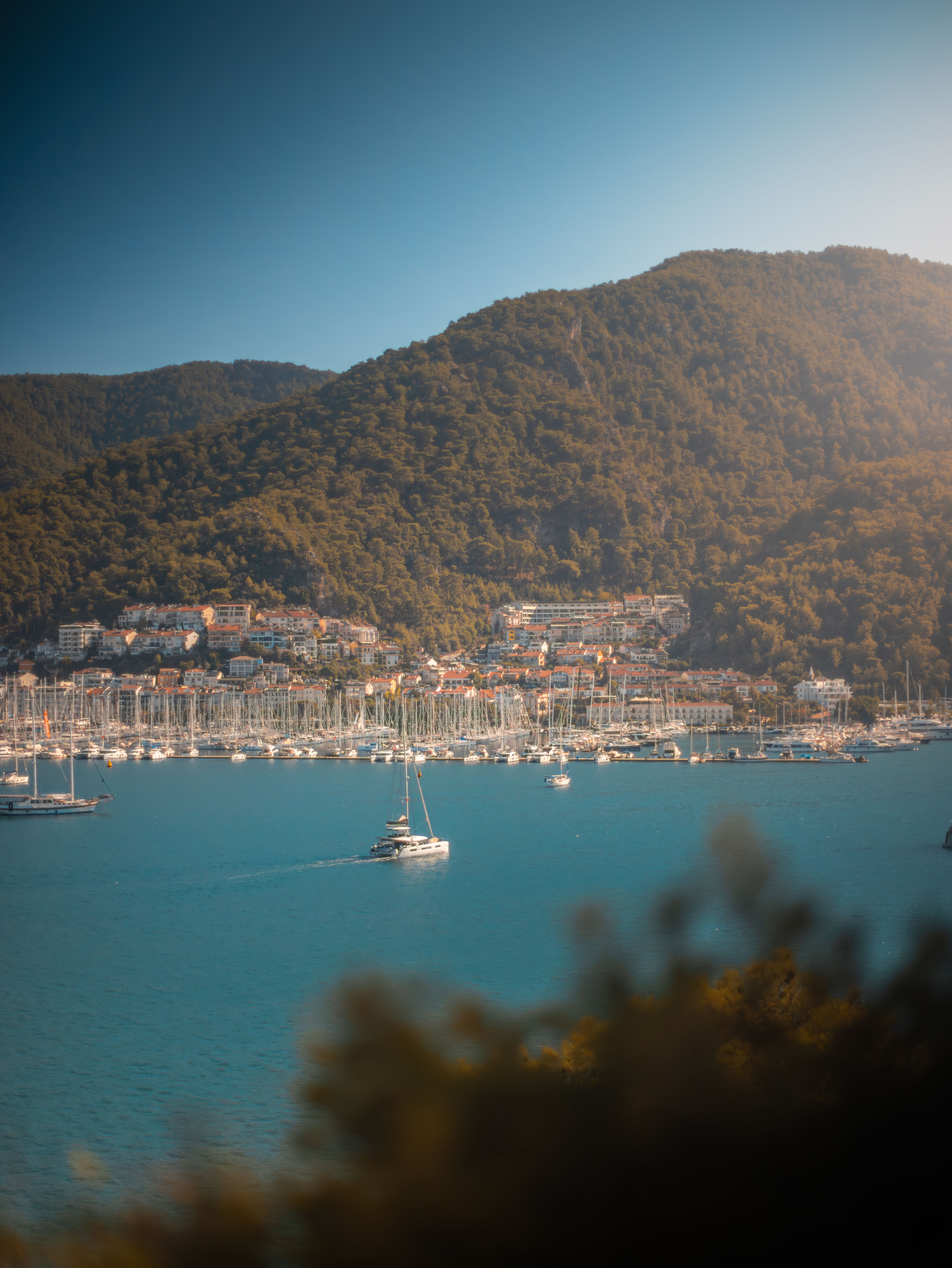 Beautiful view of Fethiye harbor with sailboats and lush green hills under a blue sky. Perfect travel destination.