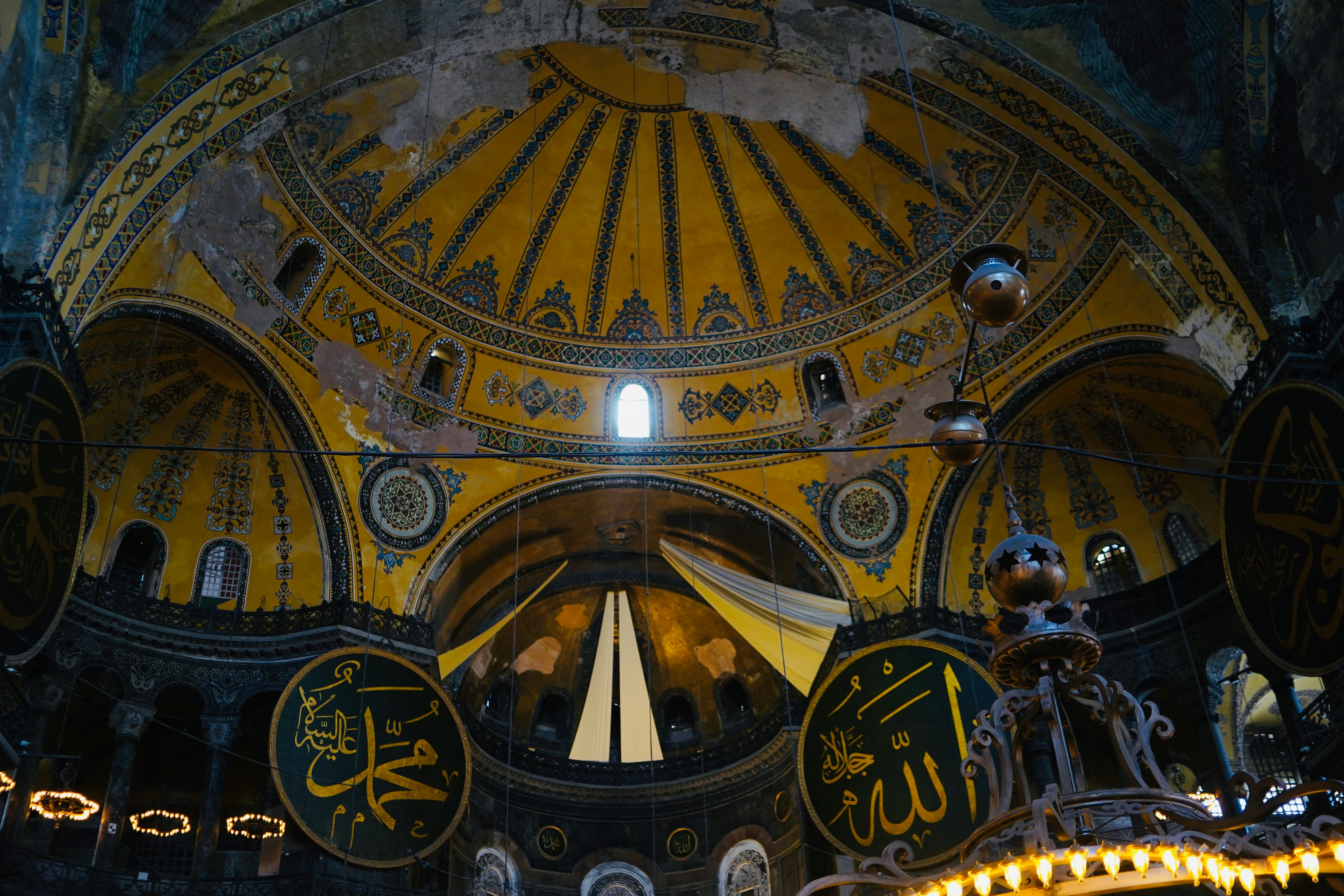 Beautiful interior dome of Hagia Sophia with intricate designs in Istanbul — 537 Byzantine basilica turned mosque + museum + mosque again