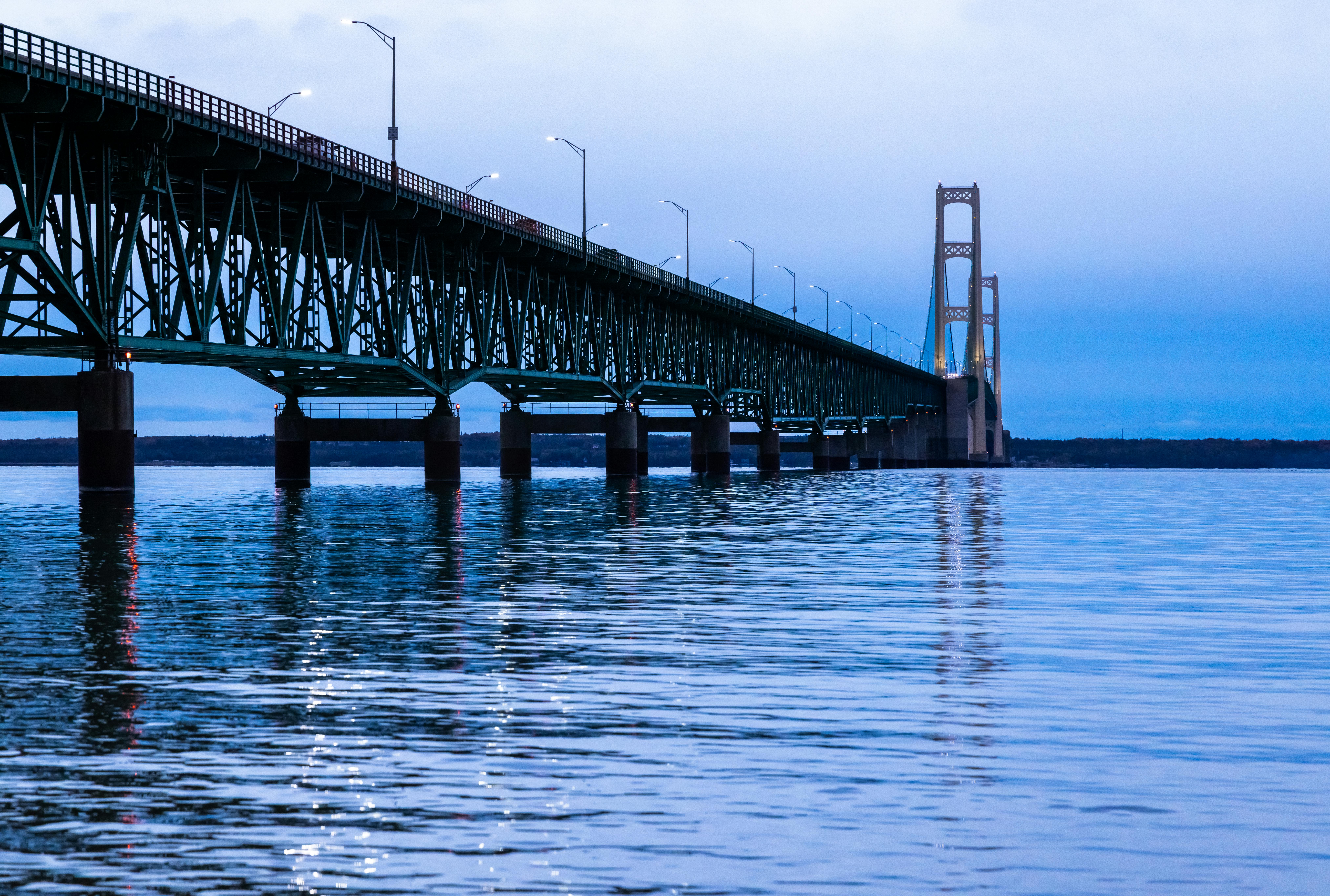 Stunning view of Mackinac Bridge extending into Lake Michigan during twilight hours.