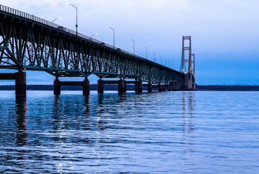 Stunning view of Mackinac Bridge extending into Lake Michigan during twilight hours.