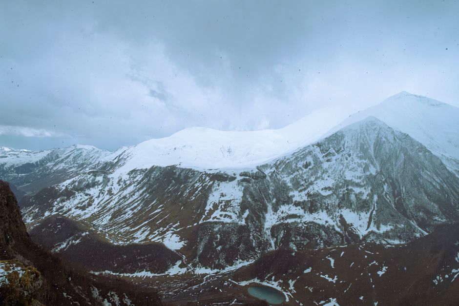Snow-covered peaks of the Greater Caucasus mountains in Azerbaijan during winter