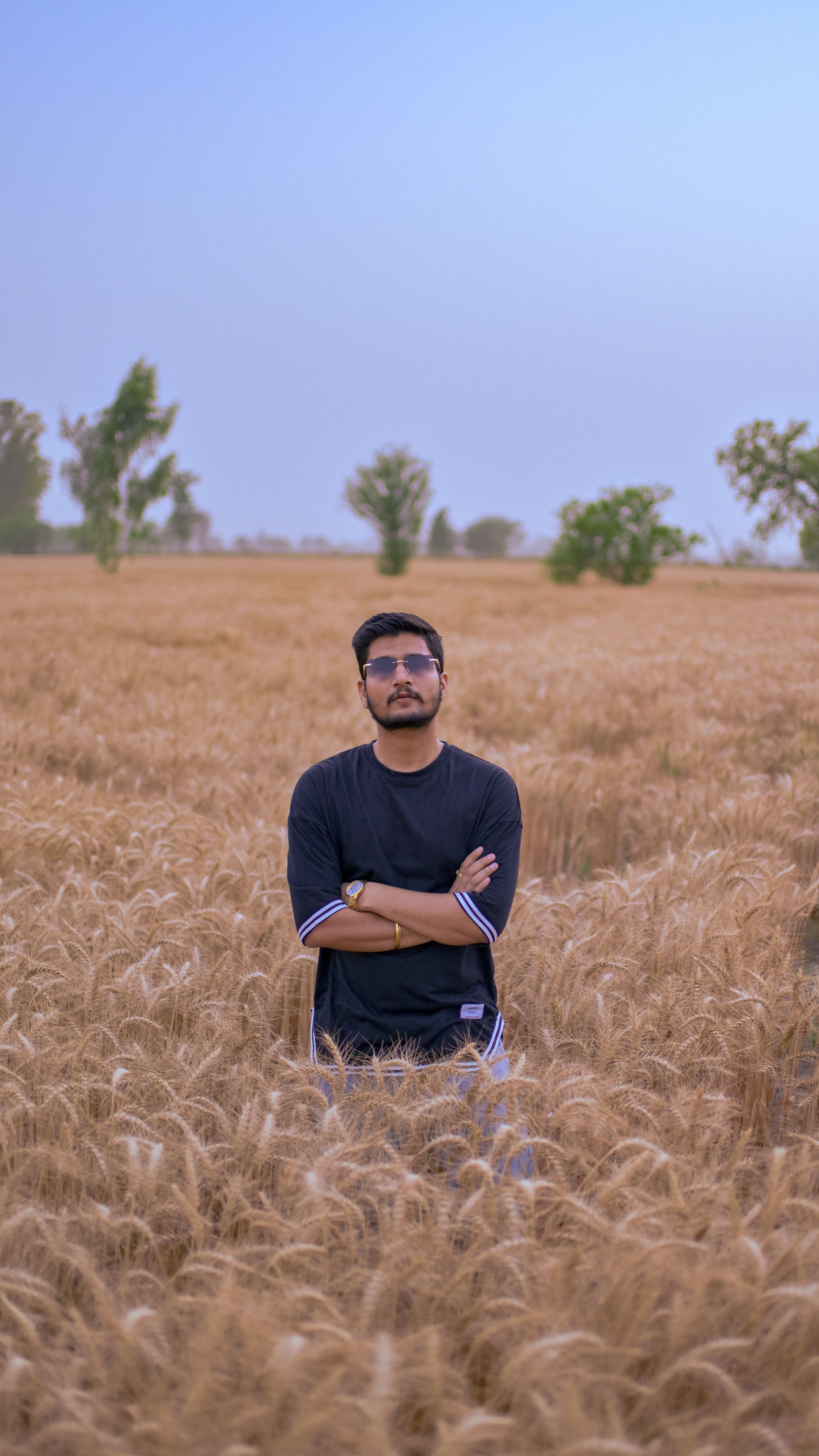 Young man wearing sunglasses standing confidently in a golden wheat field in Punjab, India.