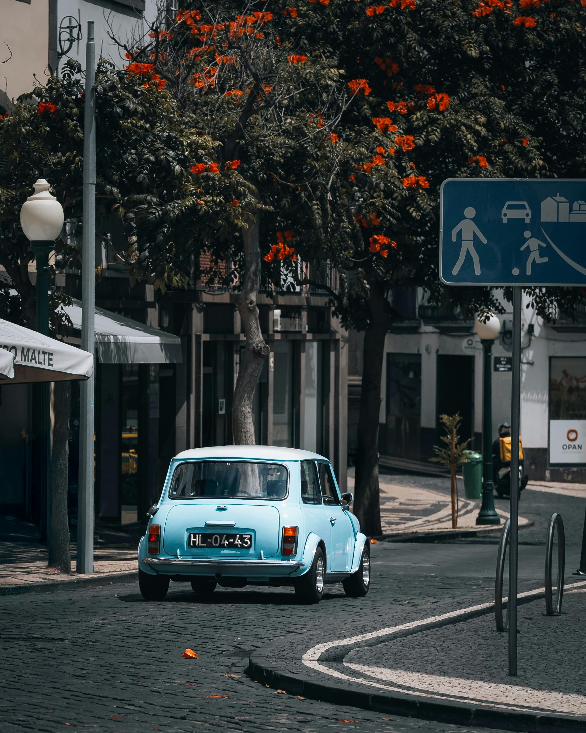 Charming vintage car driving through the picturesque historic streets of Madeira, Portugal under lush trees.