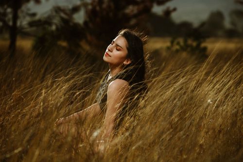 Free A peaceful moment of a woman enjoying the sun in a grassy field. Stock Photo