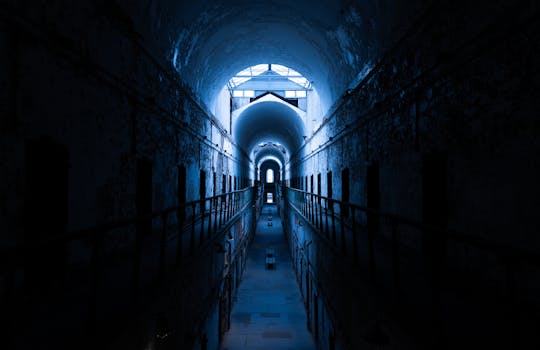 Explore the haunting corridors of Eastern State Penitentiary with this dramatic, moody photograph.