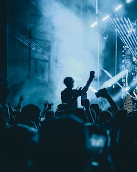 Vibrant music festival crowd at night in Plymouth, Wisconsin, capturing dynamic concert energy.