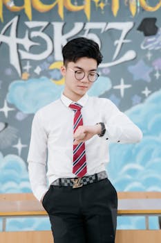Young man in formal attire checks watch against artistic backdrop. Ideal for business concepts.