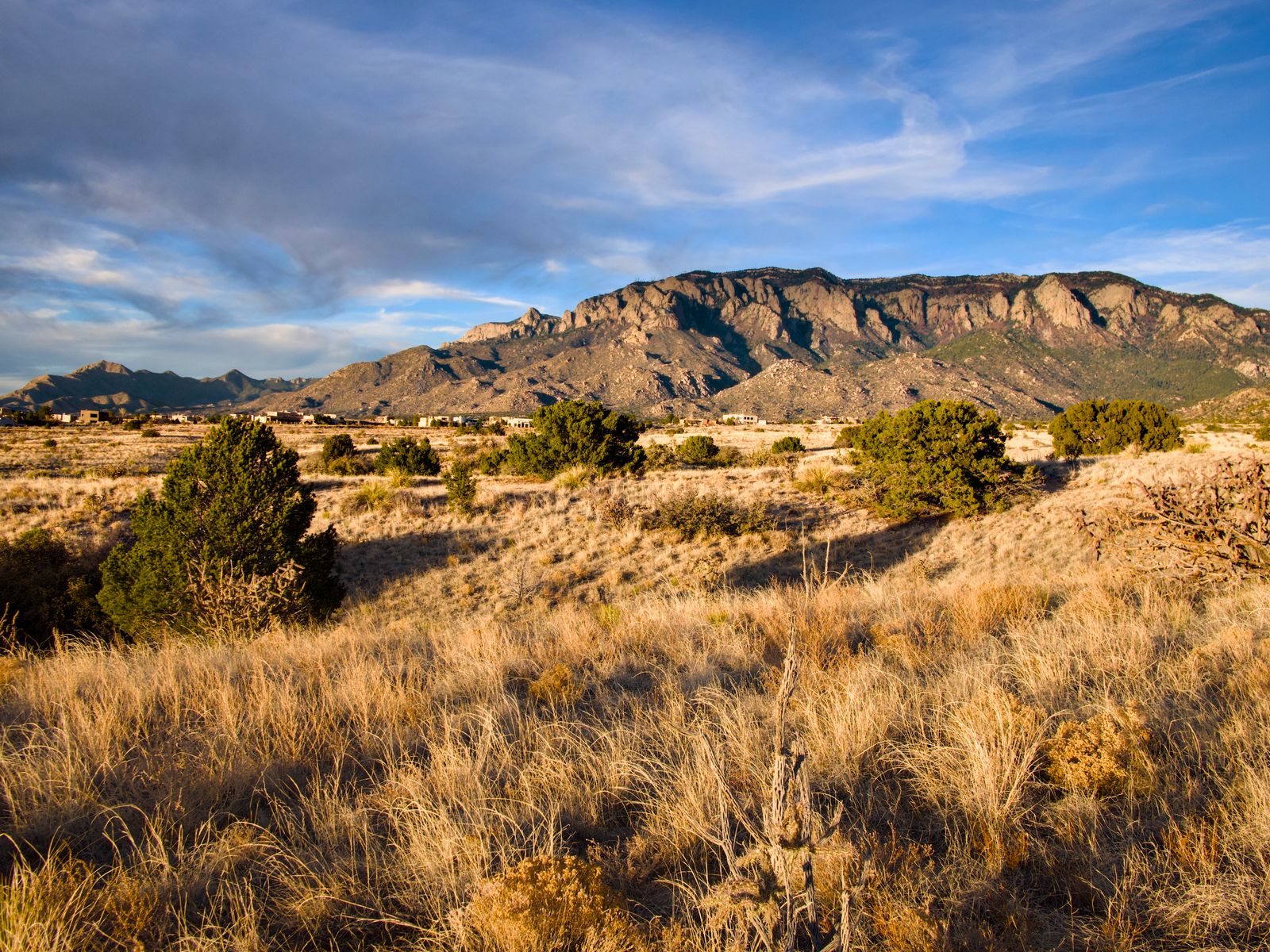 Sandia Mountains glowing at sunset above the desert outside Albuquerque, New Mexico, a real stock photo with no people in the frame, chosen because Pluribus is set in Albuquerque and Season 2 is reportedly starting production there. It is not a still from the show