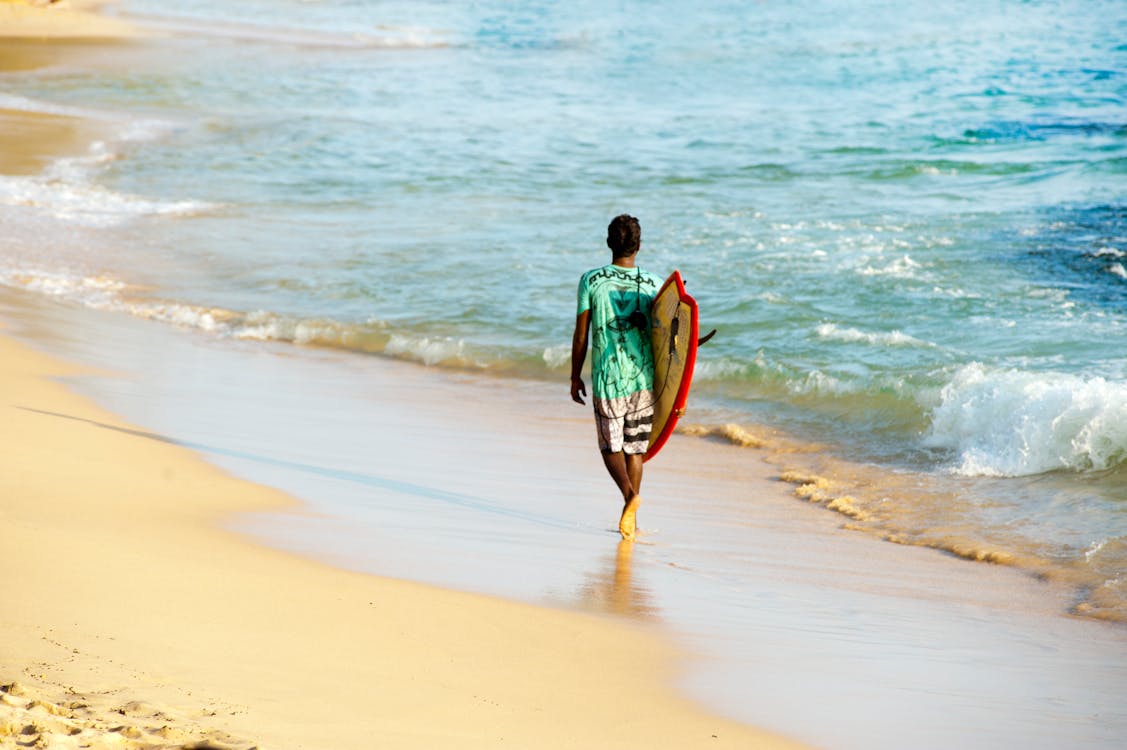 무료 서핑 보드를 들고 해안을 걷는 남자 스톡 사진