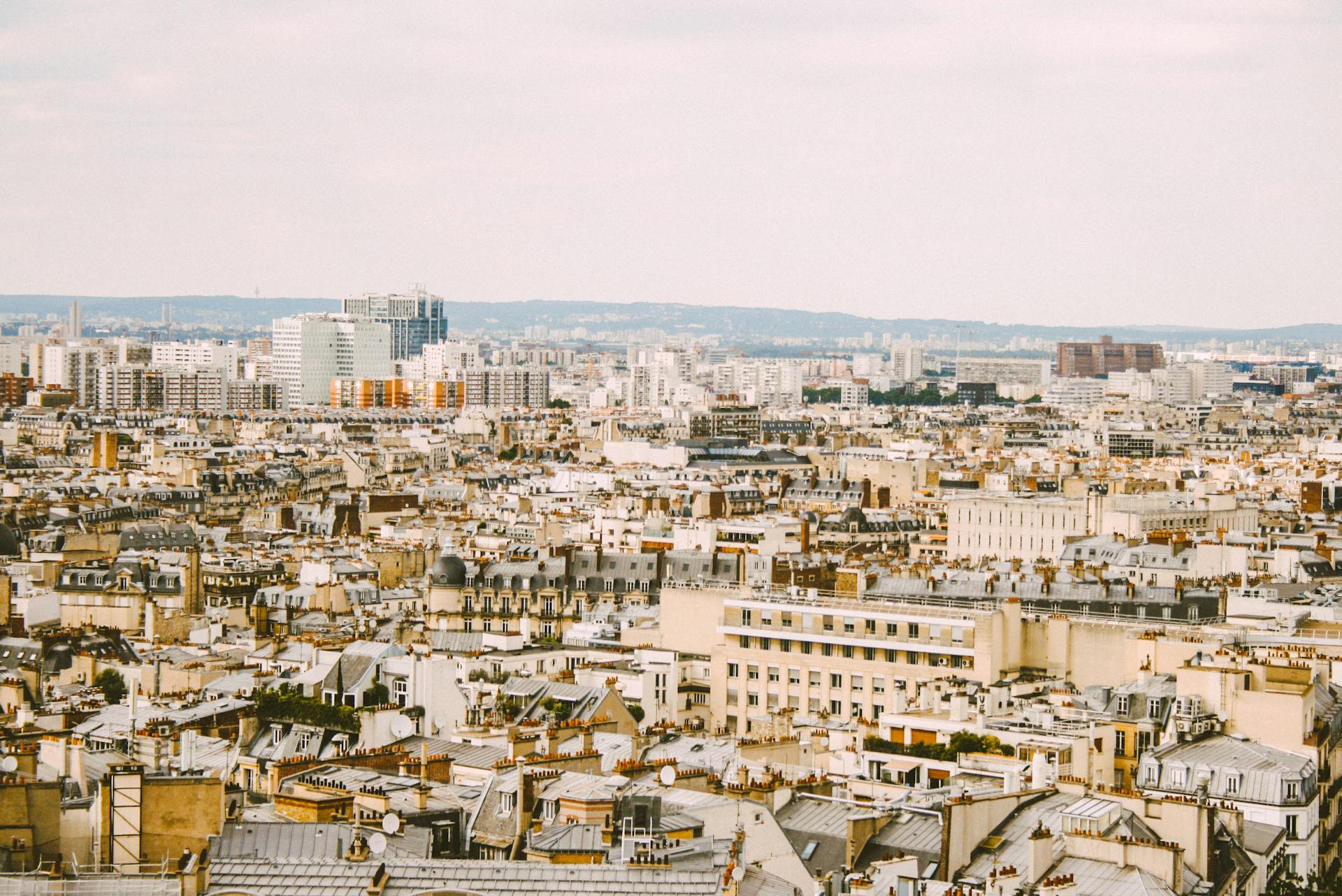 Aerial view of Paris cityscape with iconic rooftops and clear skies.