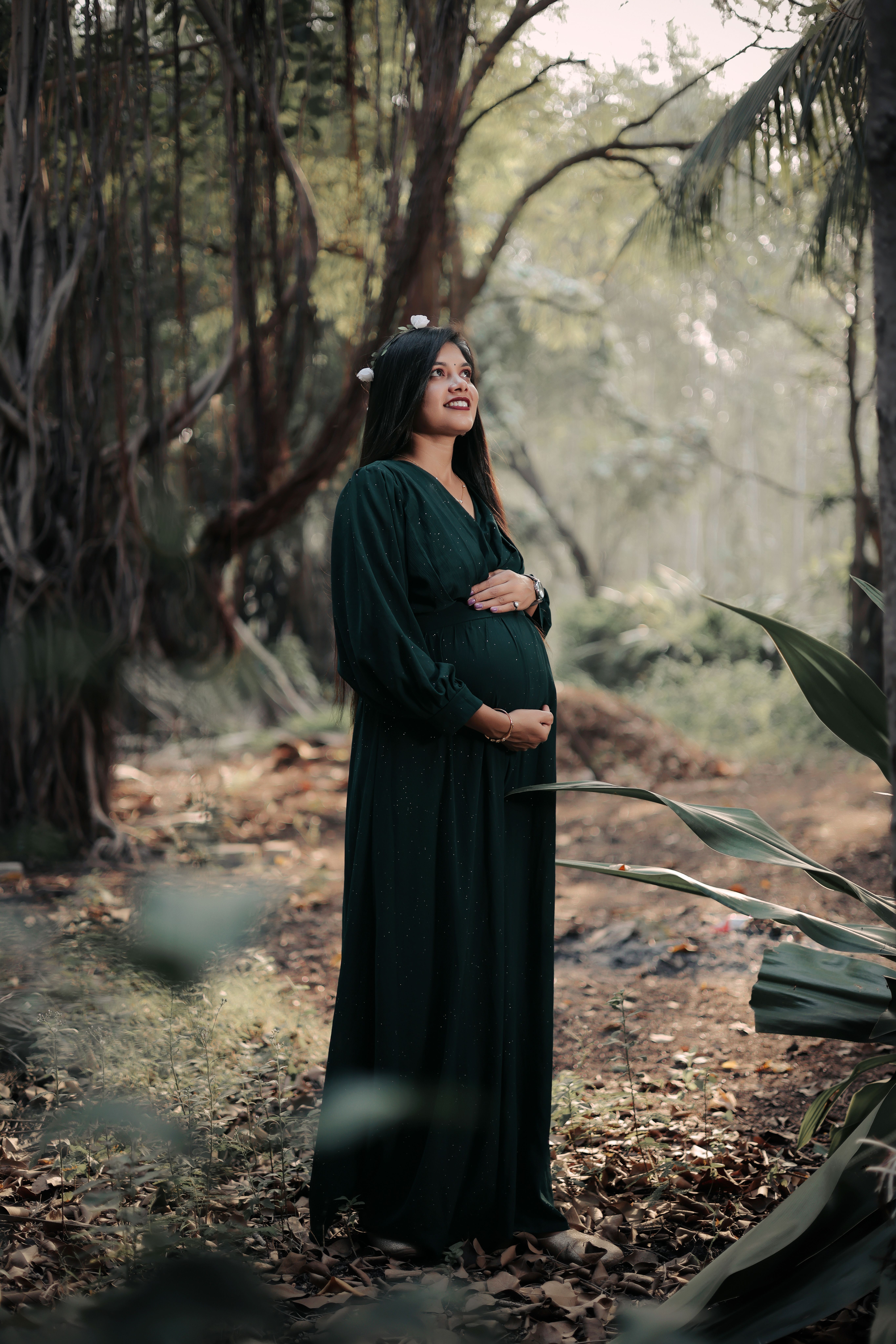 Pregnant Woman in Green Dress Outdoors in Forest · Free Stock Photo