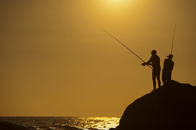 Silhouette Photo Of Two Men Holding Fishing Rods Against Body Of Water On Hill