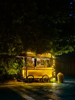 A cozy illuminated street food cart at night under lush greenery.